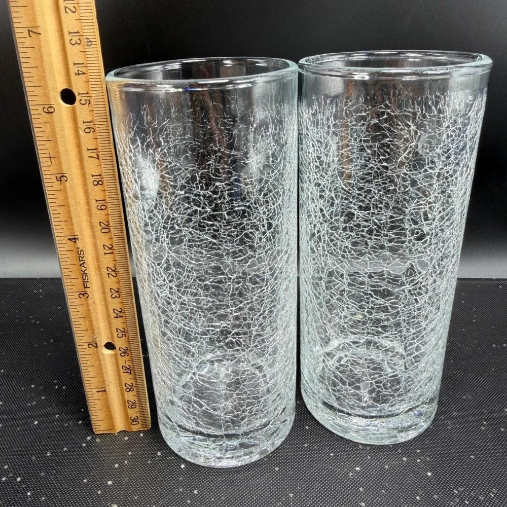Pier 1 Crackle Glass Highball Tumblers Clear Set of 2 Cups Glasses Cups 6.25in